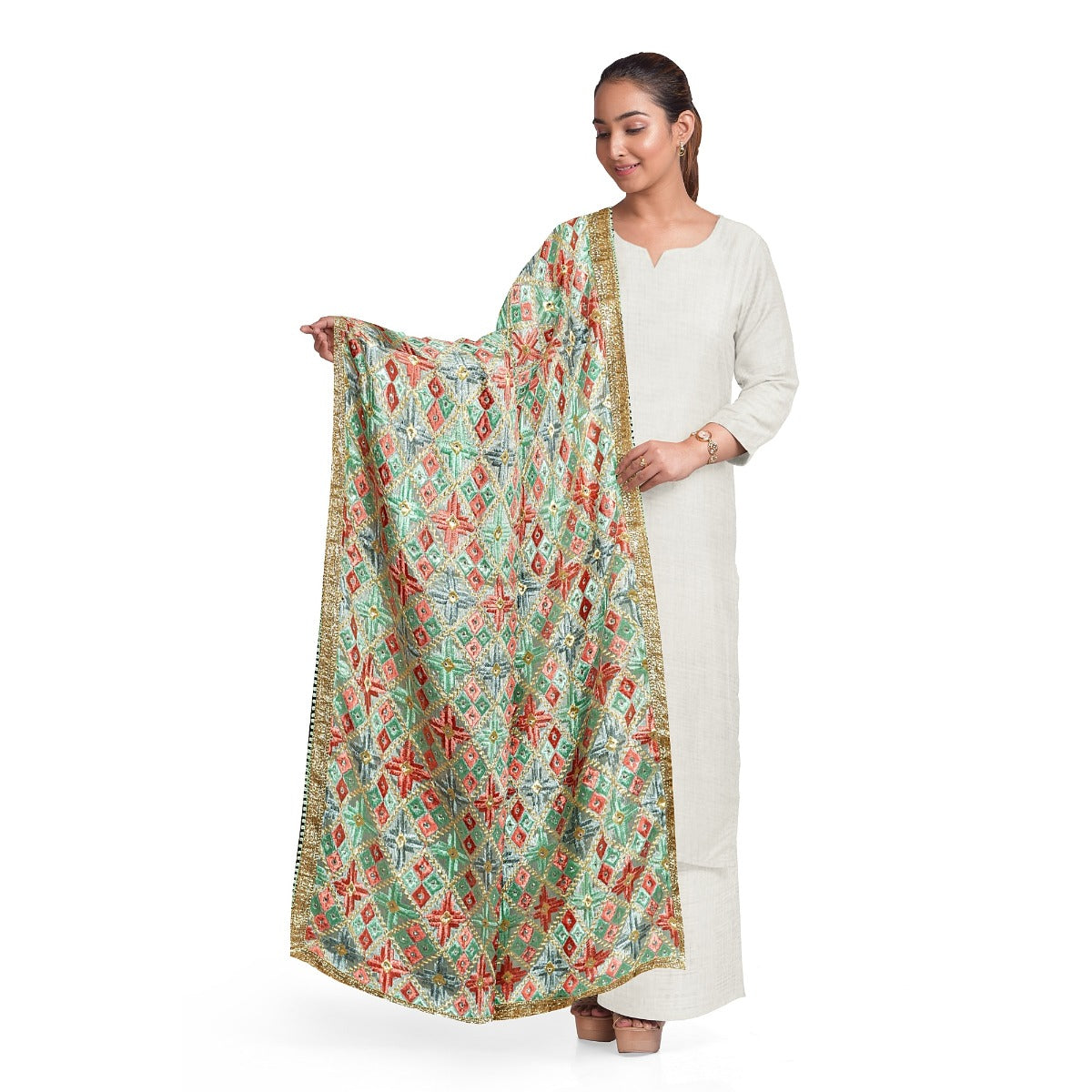 Phulkari Dupatta For Women Amritsar Handwork Multicolor Embroidered Dupatta With Four Side Gotta Size 2.25 Mtr x 0.95 Mtr - The Amritsar Store