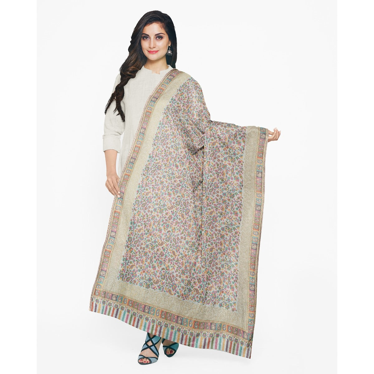 Womens Kani Zari Shawl, Off-White, Kashmiri Paisley Shawl for Women Bamboo Silk Blended Large Wrap Full Size, Traditional Weave, Soft and Warm, Perfect Gift For Loved Ones - The Amritsar Store