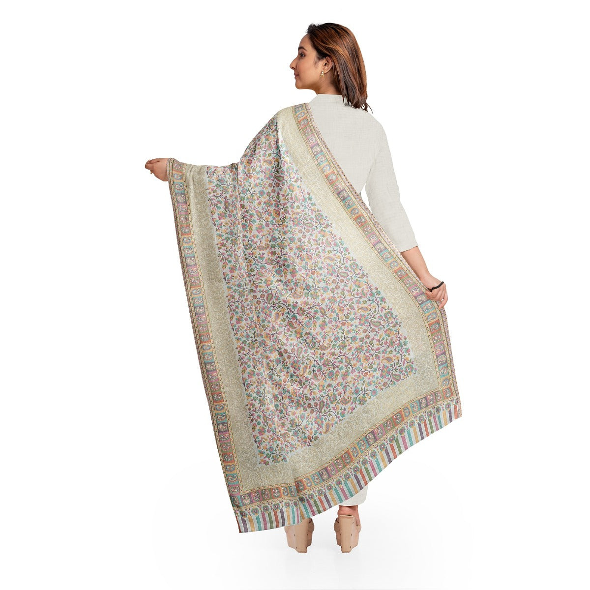 Womens Kani Zari Shawl, Off-White, Kashmiri Paisley Shawl for Women Bamboo Silk Blended Large Wrap Full Size, Traditional Weave, Soft and Warm, Perfect Gift For Loved Ones - The Amritsar Store