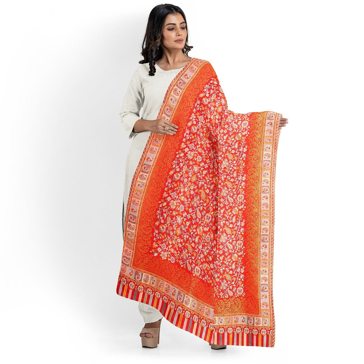 Womens Kani Zari Shawl, Off-White, Kashmiri Paisley Shawl for Women Bamboo Silk Blended Large Wrap Full Size, Traditional Weave, Soft and Warm, Perfect Gift For Loved Ones - The Amritsar Store