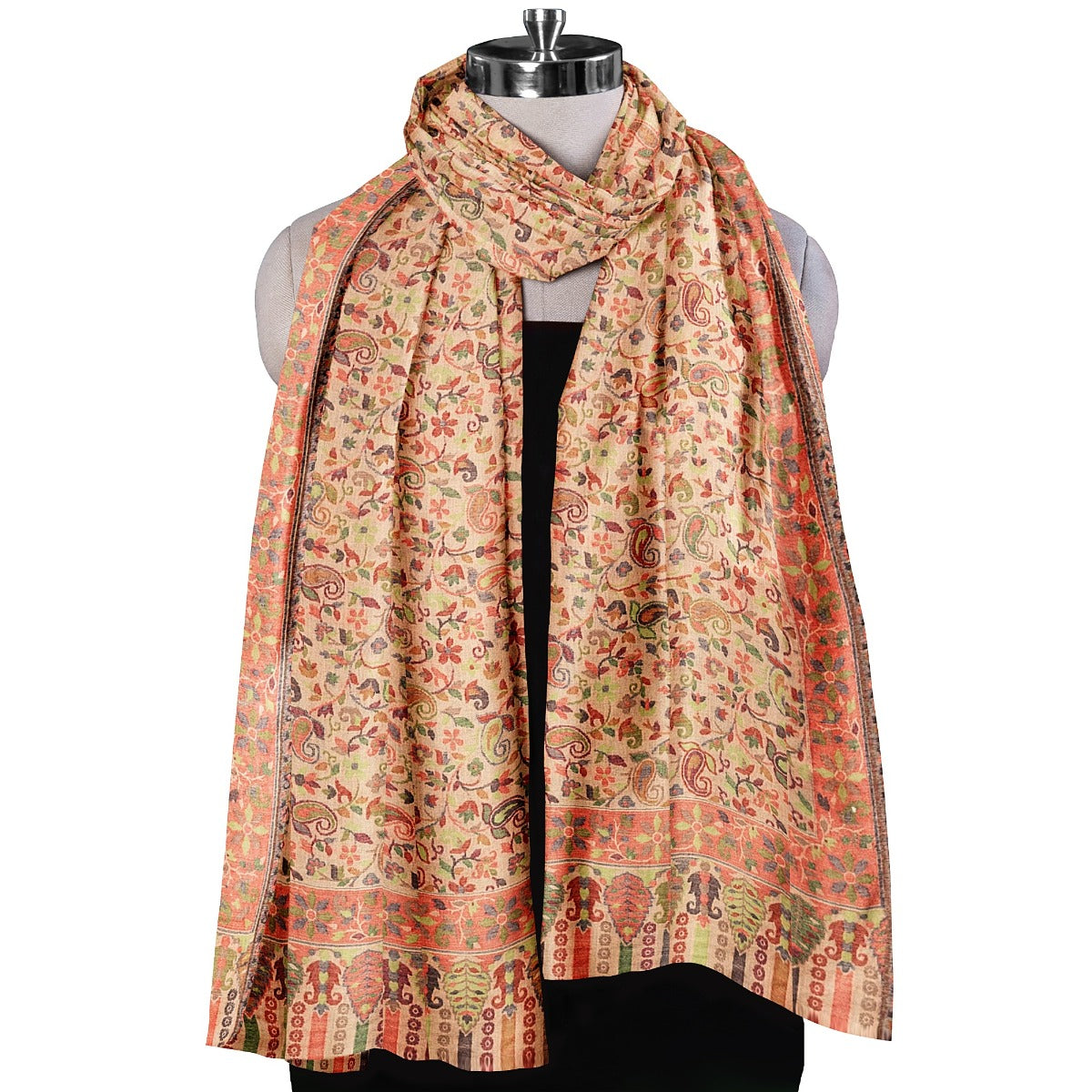Womens Kani Fine Wool Shawl, Beige, Soft and Warm Wool Large Wrap, Woven Handloom Jacquard Design With Kashmiri Paisleys, Light Weight 160 gram Shawl for Women 2.10 x 1.15 - The Amritsar Store
