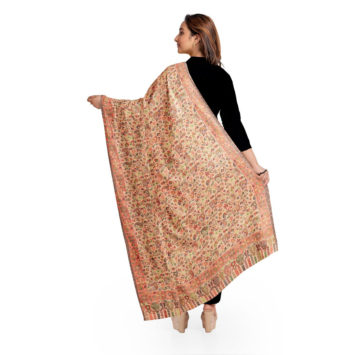 Womens Kani Fine Wool Shawl, Beige, Soft and Warm Wool Large Wrap, Woven Handloom Jacquard Design With Kashmiri Paisleys, Light Weight 160 gram Shawl for Women 2.10 x 1.15 - The Amritsar Store