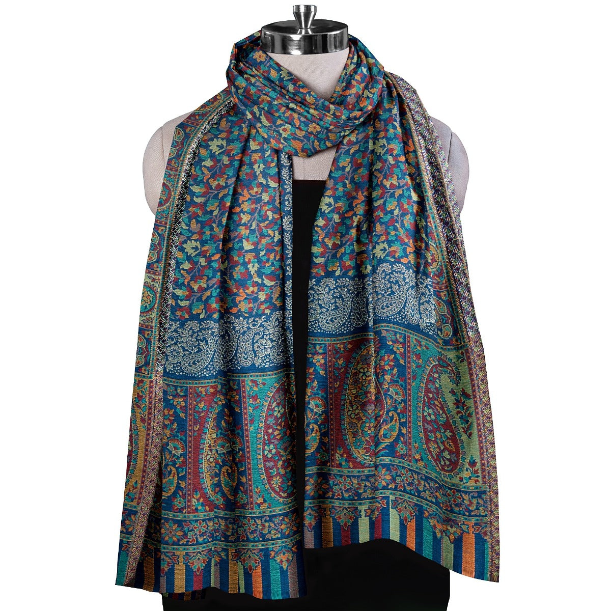 Womens Kani Zari Stole, Navy Blue, Kashmiri Paisley Stole for Women Bamboo Silk Blended, Traditional Weave, Soft and Warm, Perfect Gift For Loved Ones - The Amritsar Store