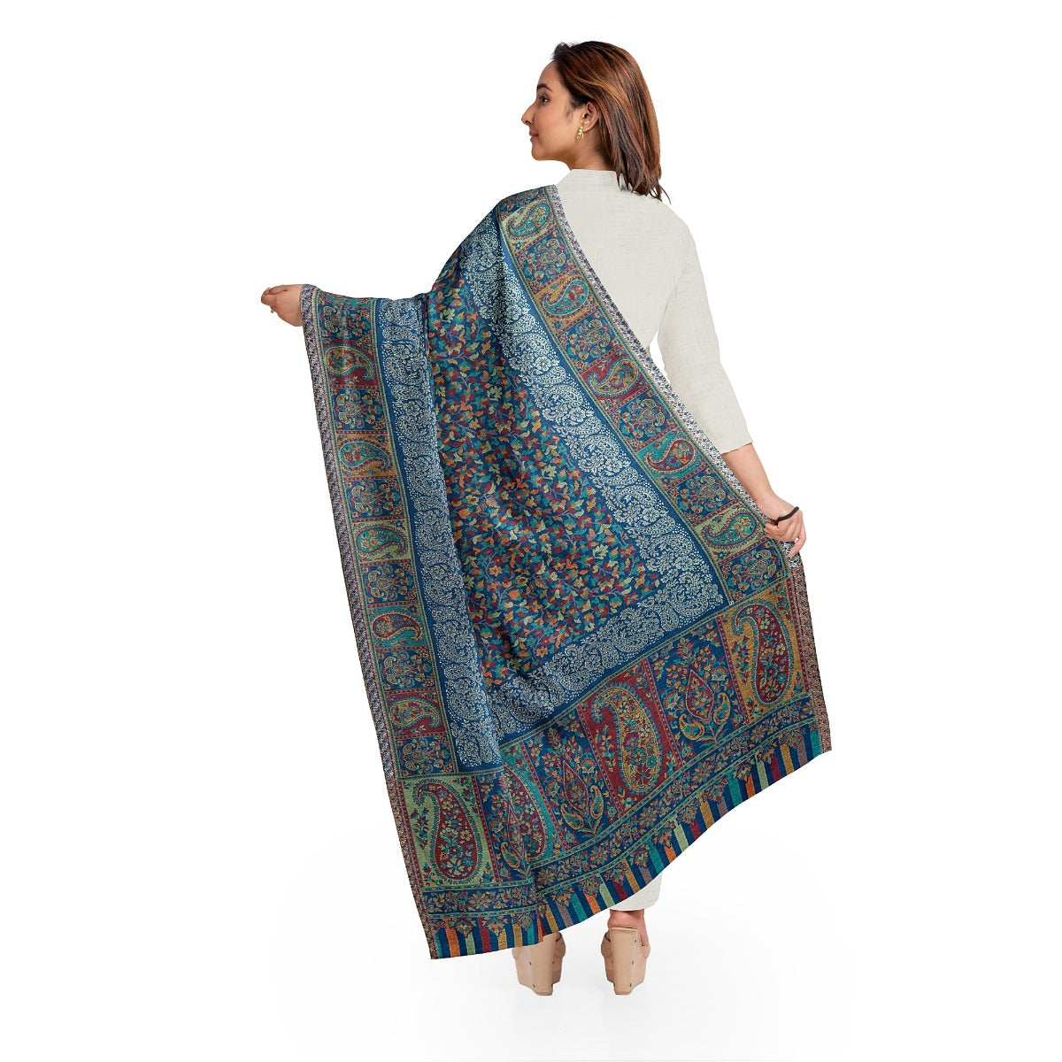 Womens Kani Zari Stole, Navy Blue, Kashmiri Paisley Stole for Women Bamboo Silk Blended, Traditional Weave, Soft and Warm, Perfect Gift For Loved Ones - The Amritsar Store