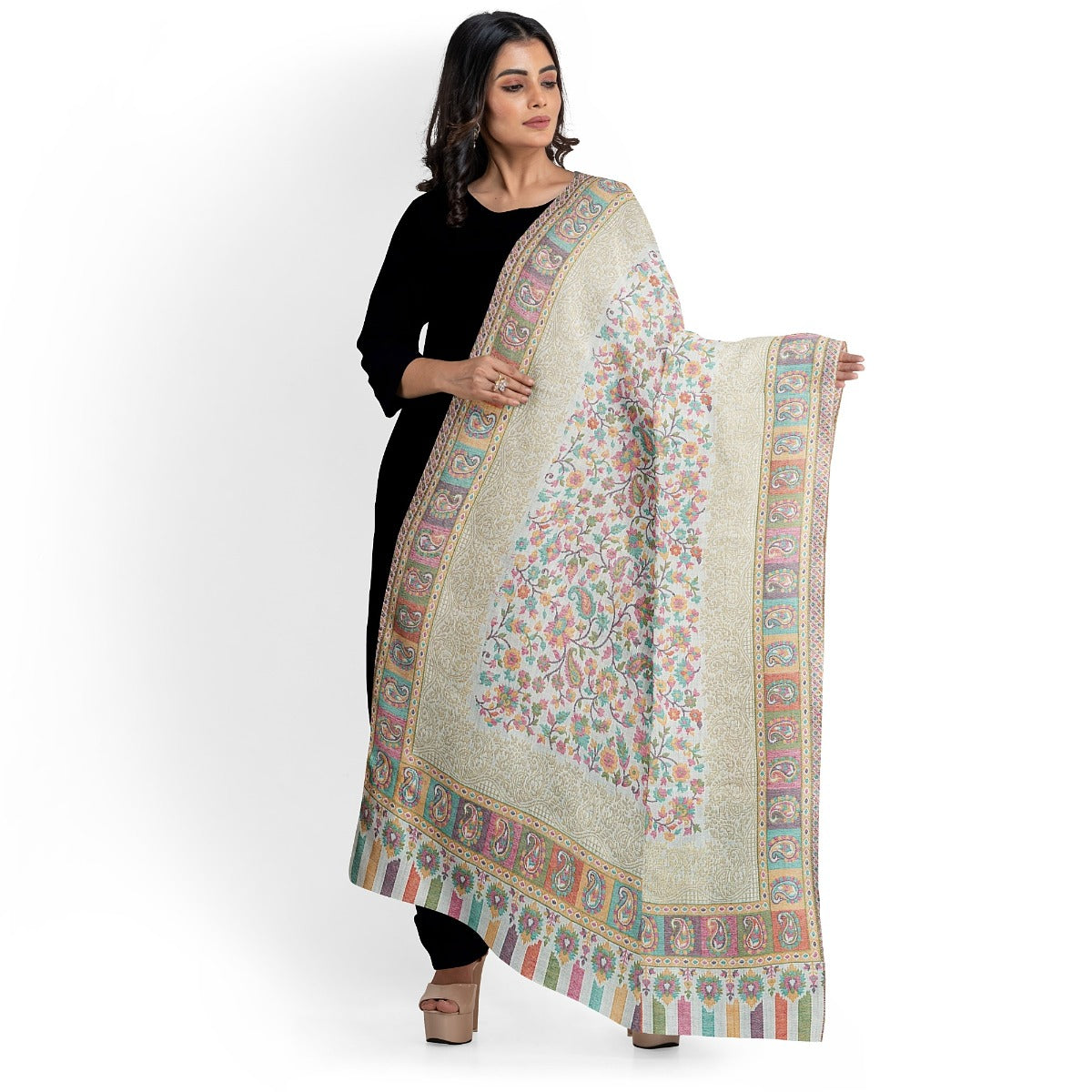 Womens Kani Zari Stole, Off-White, Kashmiri Paisley Stole for Women Bamboo Silk Blended, Traditional Weave, Soft and Warm, Perfect Gift For Loved Ones - The Amritsar Store