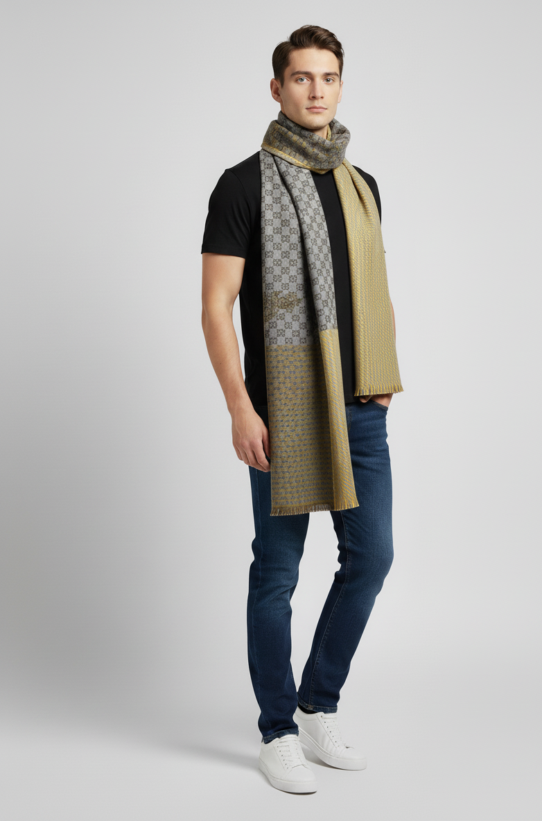"Two-Tone Reversible Scarf with Houndstooth and Double-G Pattern, Unisex Fashion Accessory by The Amritsar Store"
