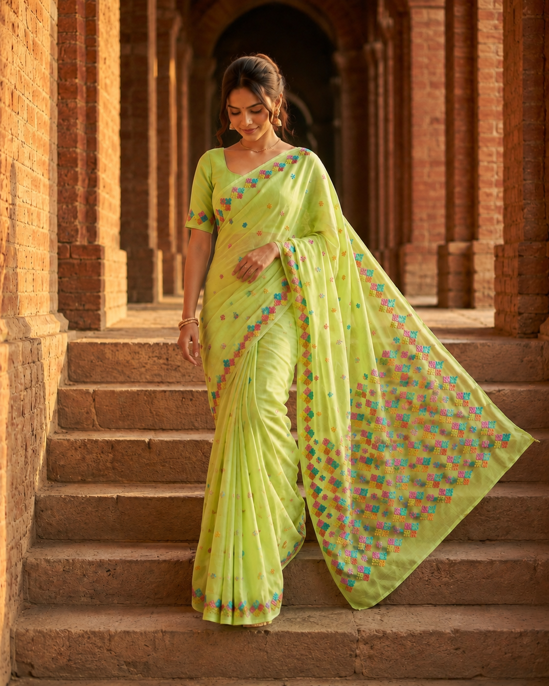 Hand embroidered green Phulkari saree for women with traditional Punjabi embroidery