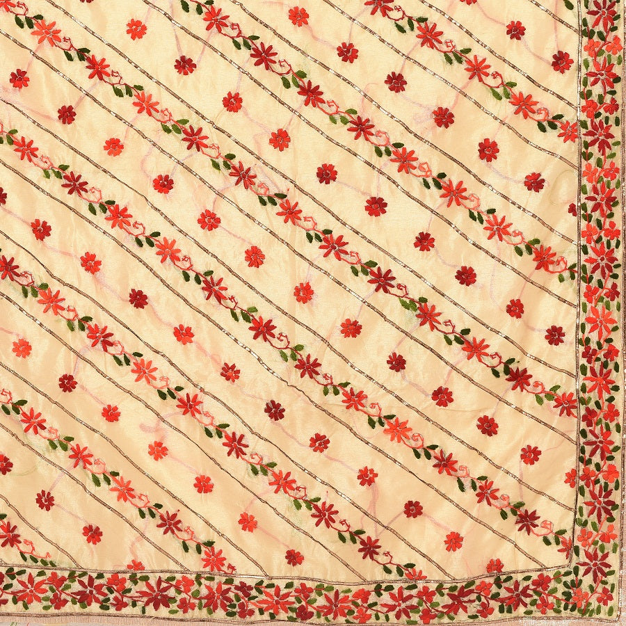 Classic Phulkari Dupatta In Golden Color With Red Embroidery by The Amritsar Store - The Amritsar Store