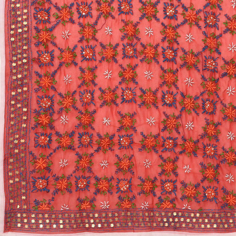 Red Phulkari Dupatta With Multicolor Embroidery by The Amritsar Store - The Amritsar Store