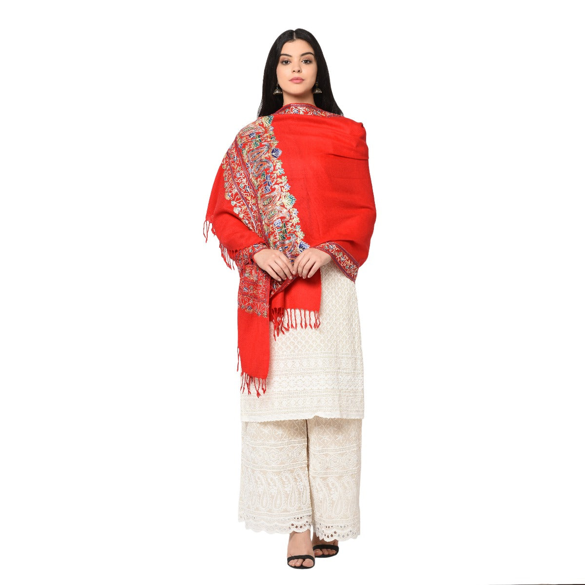 Red Four Side Border Kashmiri Embroidery Pure Wool Handcrafted Shawl - The Amritsar Store