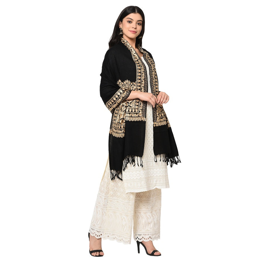 Black Embroidery Shawl With Golden Aari Kashmiri Thread Handmade - The Amritsar Store