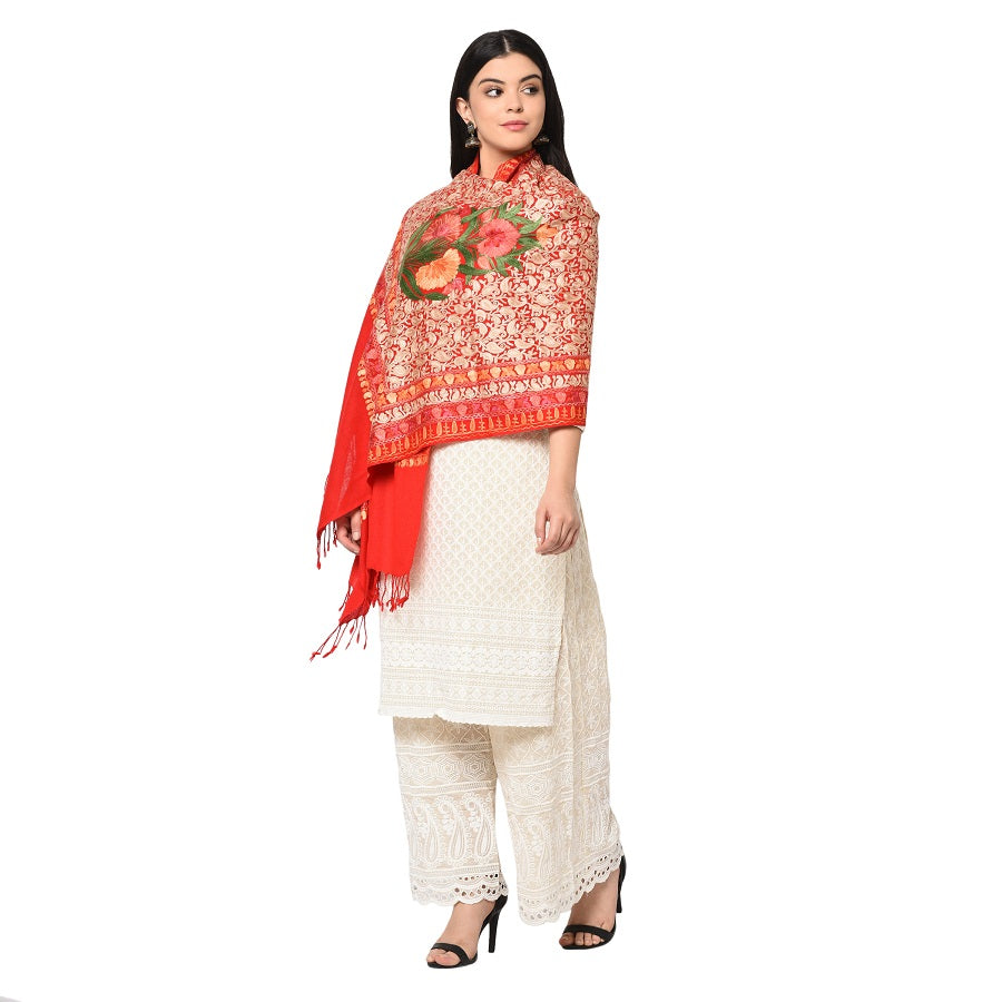 Red Kashmiri Shawl Multicolored Kashmiri Aari Embroidery Flower Jaal - The Amritsar Store