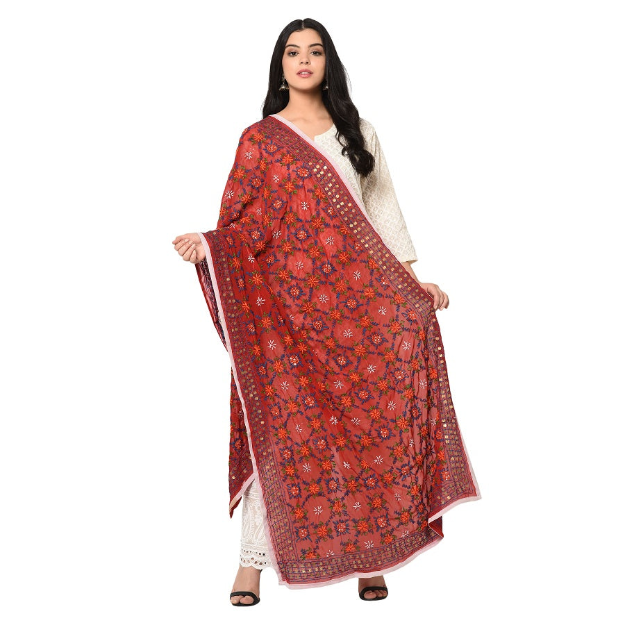 Red Phulkari Dupatta With Multicolor Embroidery by The Amritsar Store - The Amritsar Store