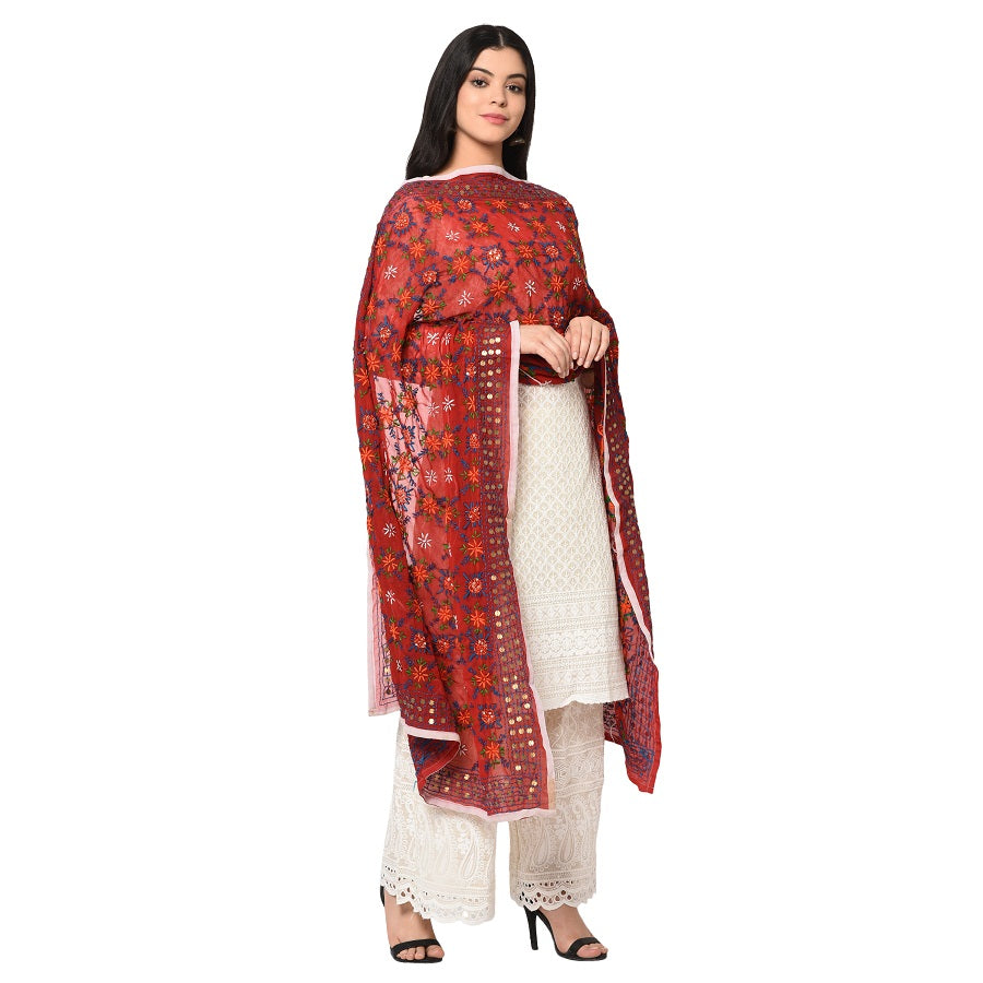 Red Phulkari Dupatta With Multicolor Embroidery by The Amritsar Store - The Amritsar Store