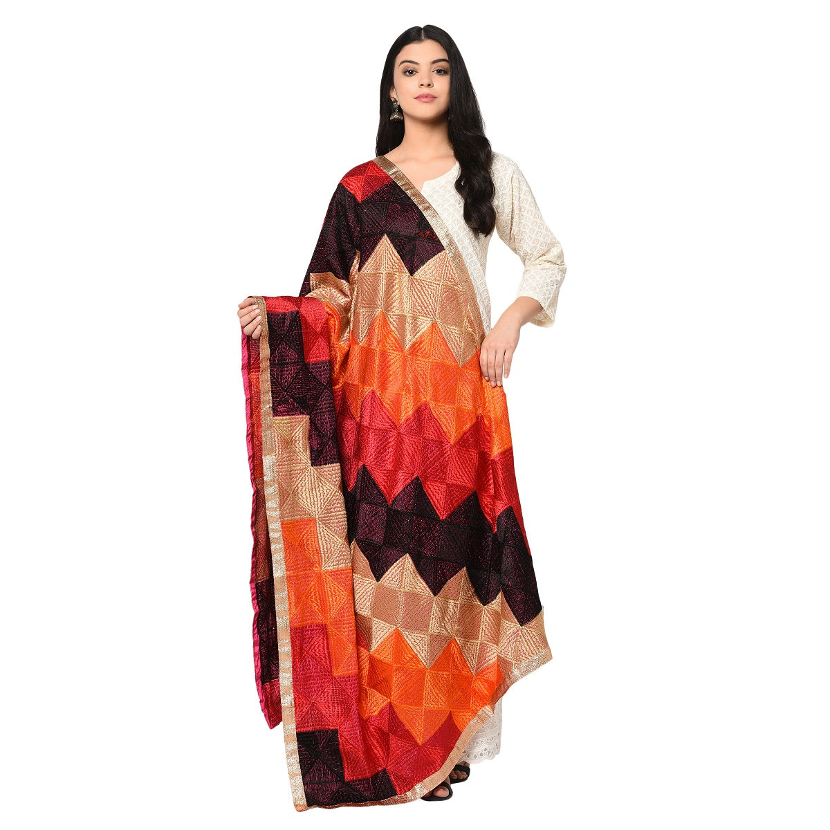 Multicolored Phulkari Dupatta in Ladder Pattern by The Amritsar Store - The Amritsar Store