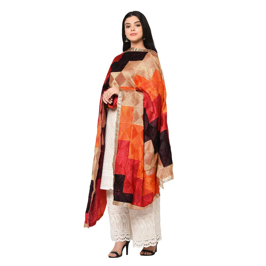 Multicolored Phulkari Dupatta in Ladder Pattern by The Amritsar Store - The Amritsar Store