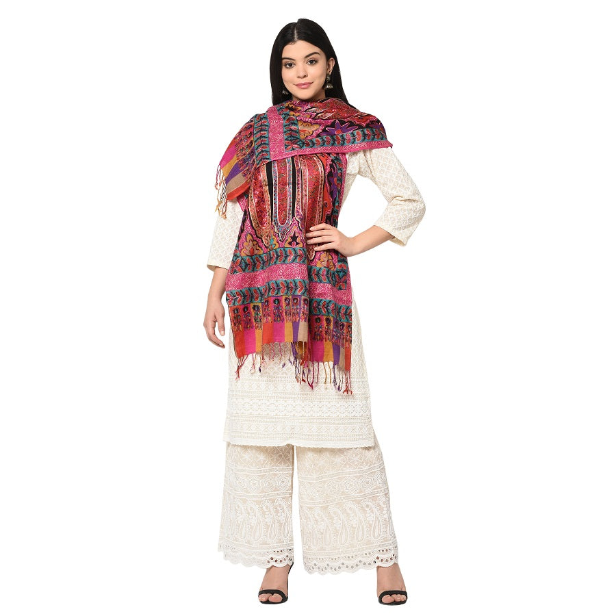 Paisley Printed Hand Tie Dye Shawl With Multicolored Kashmiri Aari Outlining of the Motifs - The Amritsar Store