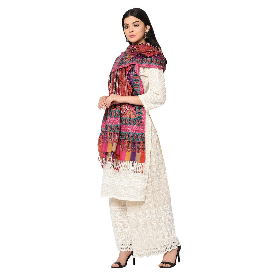 Paisley Printed Hand Tie Dye Shawl With Multicolored Kashmiri Aari Outlining of the Motifs - The Amritsar Store