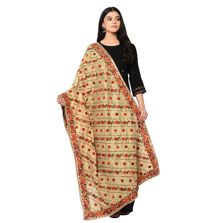 Classic Phulkari Dupatta In Golden Color With Red Embroidery by The Amritsar Store - The Amritsar Store