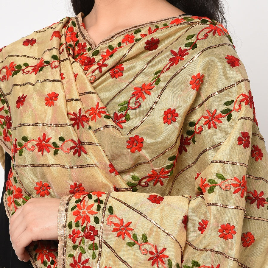 Classic Phulkari Dupatta In Golden Color With Red Embroidery by The Amritsar Store - The Amritsar Store