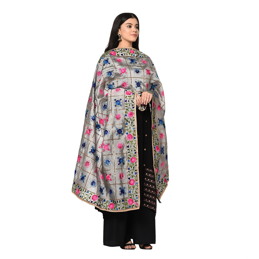 Sophisticated All Season Grey Phulkari Dupatta by The Amritsar Store - The Amritsar Store