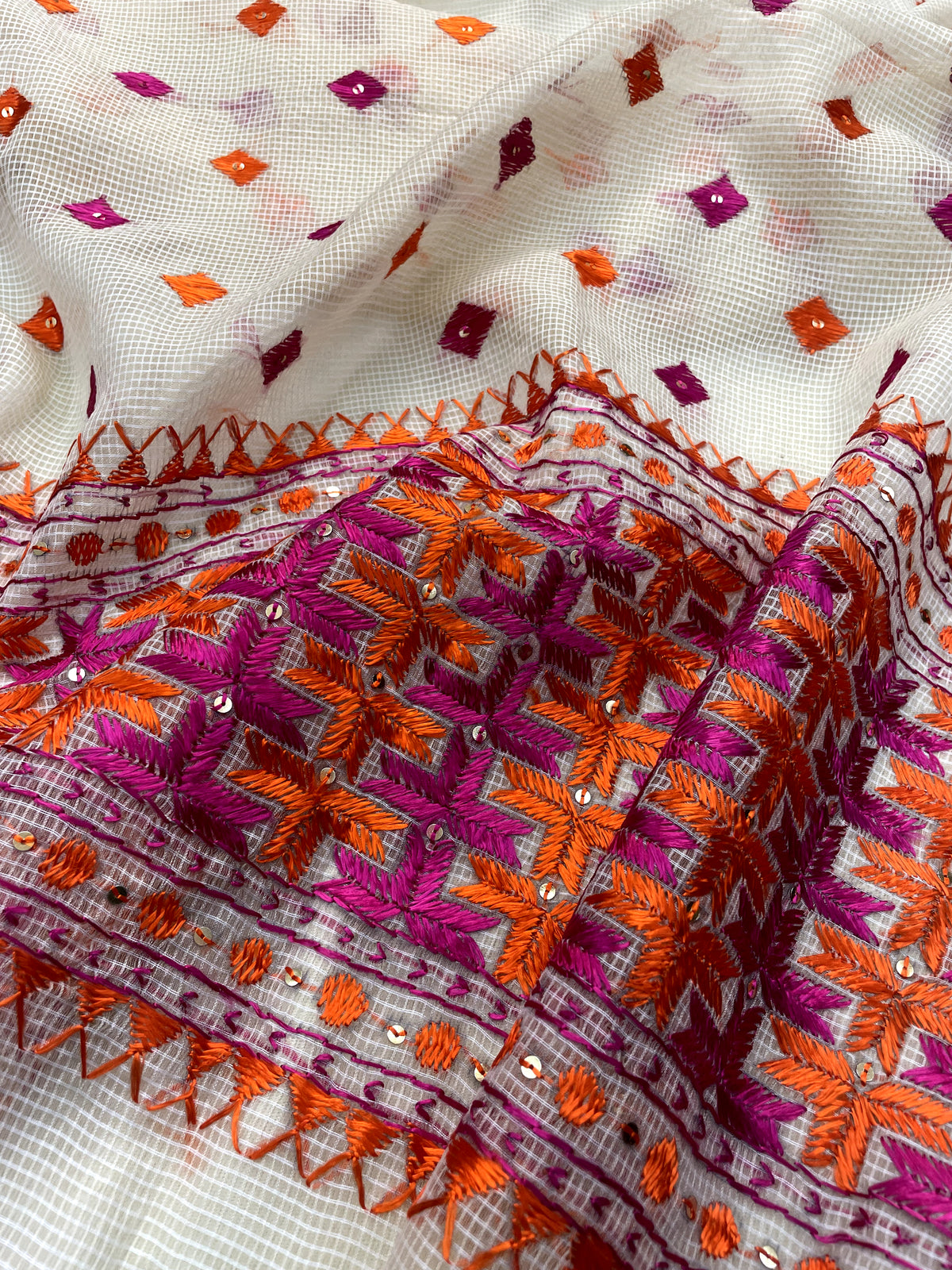 Orange and pink hand embroidered Phulkari dupatta for women with traditional Punjabi floral embroidery, lightweight ethnic festive wear by