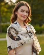 Vintage Hollywood print scarf in beige and sepia tones featuring classic cinema-inspired artwork by The Amritsar Store