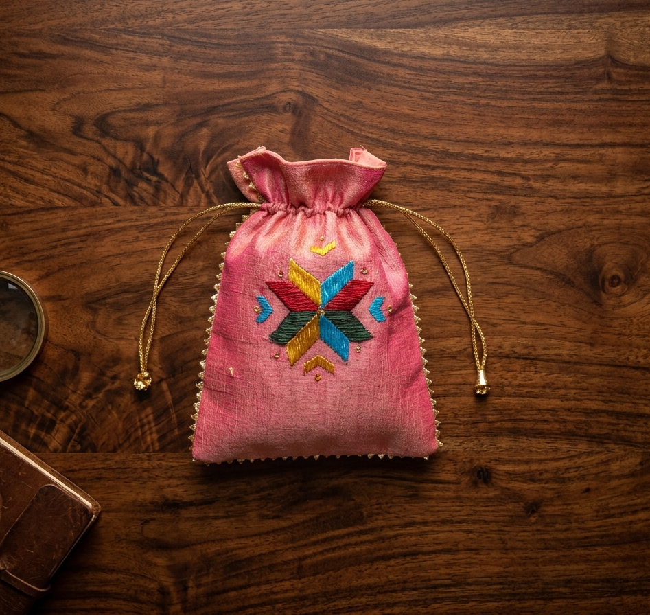Handmade Phulkari embroidered potli bag with vibrant multicolor floral threadwork and traditional Punjabi design by The Amritsar Store