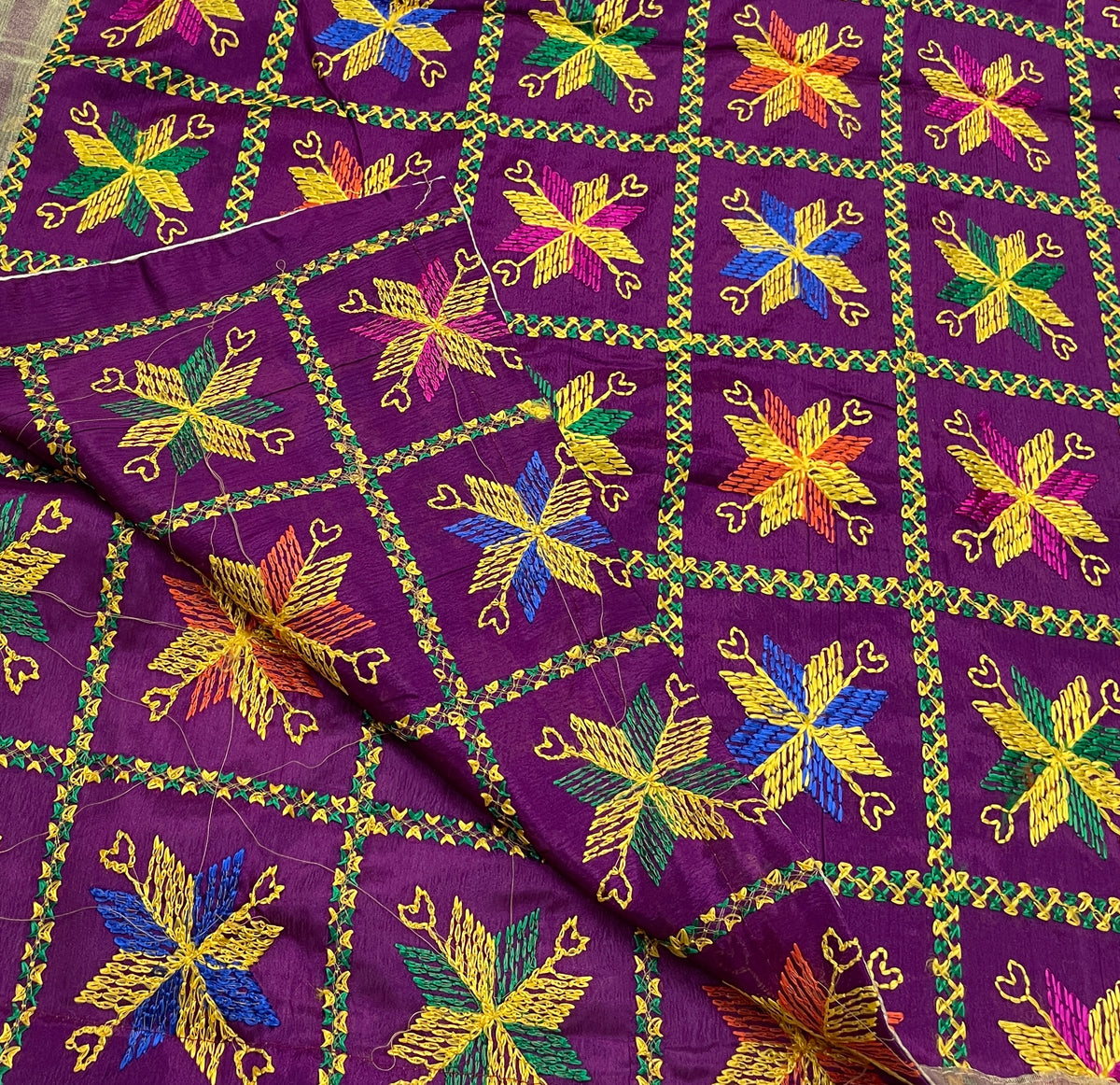 The Amritsar Store embellished dupatta in deep purple base with colorful floral design and intricate detailing, elegant ethnic wear accessory for festive and wedding occasions