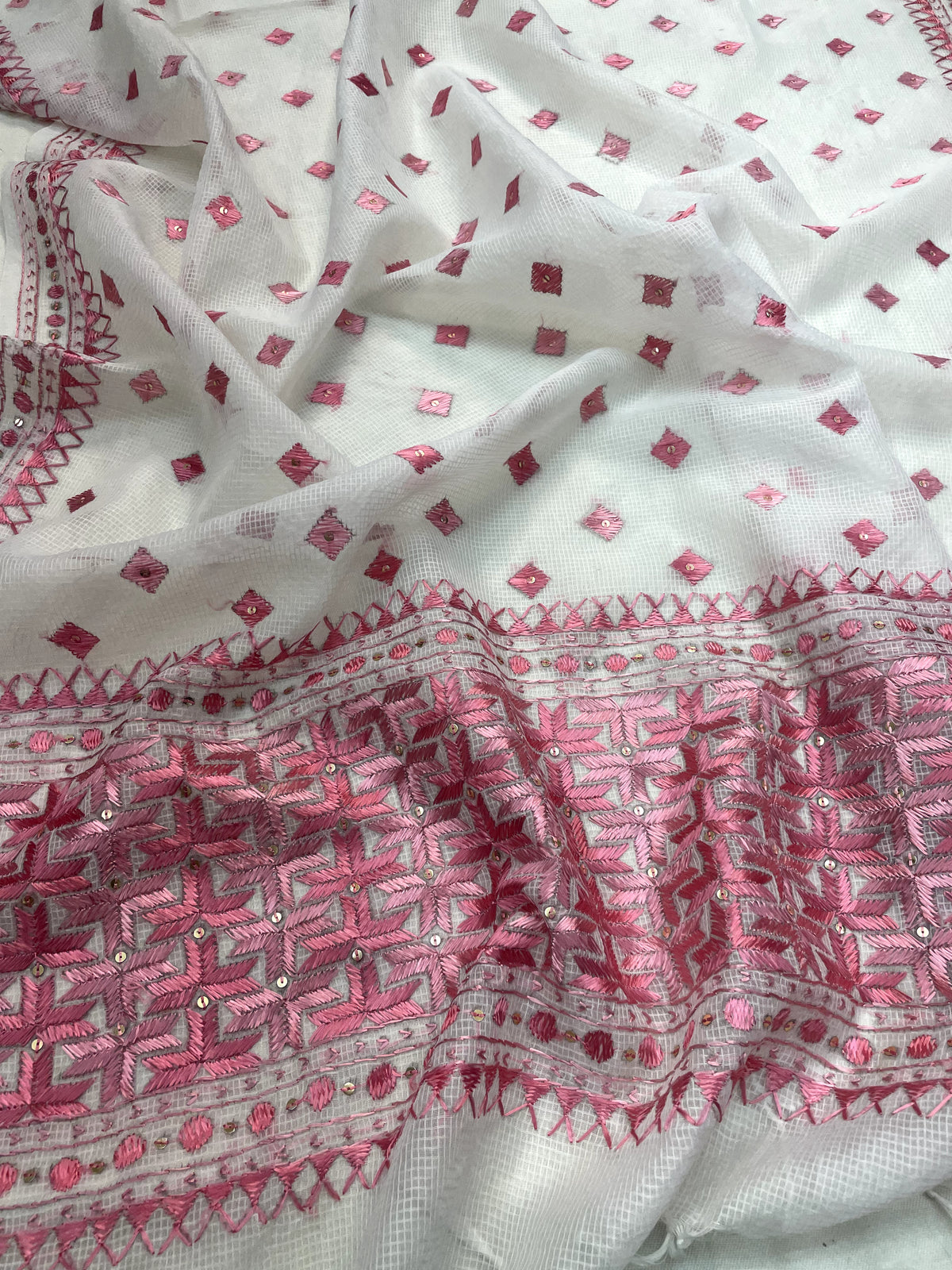 Hand embroidered white & pink Phulkari dupatta for women in soft traditional Punjabi ethnic style.