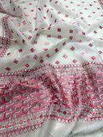 Hand embroidered white & pink Phulkari dupatta for women in soft traditional Punjabi ethnic style.