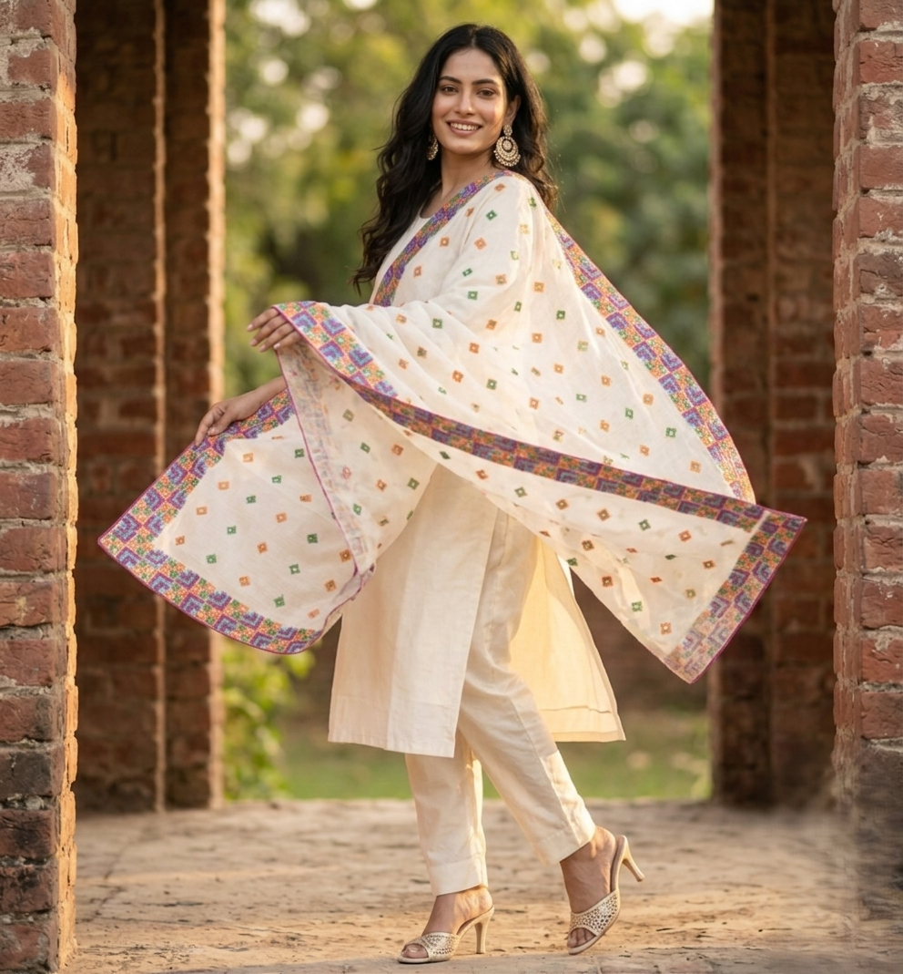 Hand embroidered off white Phulkari dupatta for women featuring traditional Punjabi embroidery and intricate artisan craftsmanship.