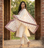 Hand embroidered off white Phulkari dupatta for women featuring traditional Punjabi embroidery and intricate artisan craftsmanship.