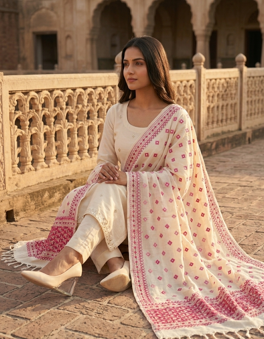 Hand embroidered white & pink Phulkari dupatta for women in soft traditional Punjabi ethnic style.