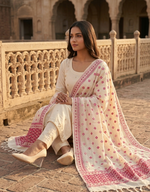 Hand embroidered white & pink Phulkari dupatta for women in soft traditional Punjabi ethnic style.