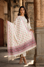 Hand embroidered white Phulkari dupatta with pink and grey Punjabi threadwork, traditional ethnic design and handcrafted detailing by The Amritsar Store
