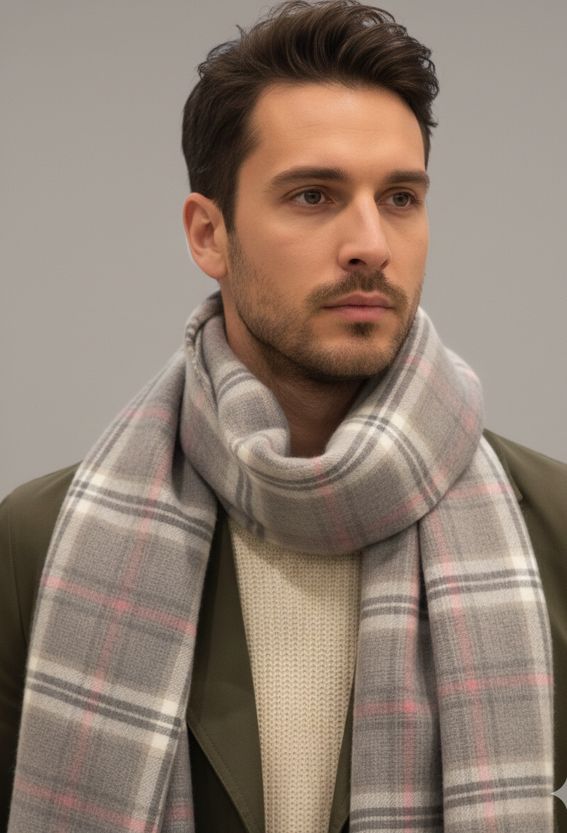 “The Amritsar Store winter plaid wool scarf in grey with soft pink accents, warm lightweight wool scarf