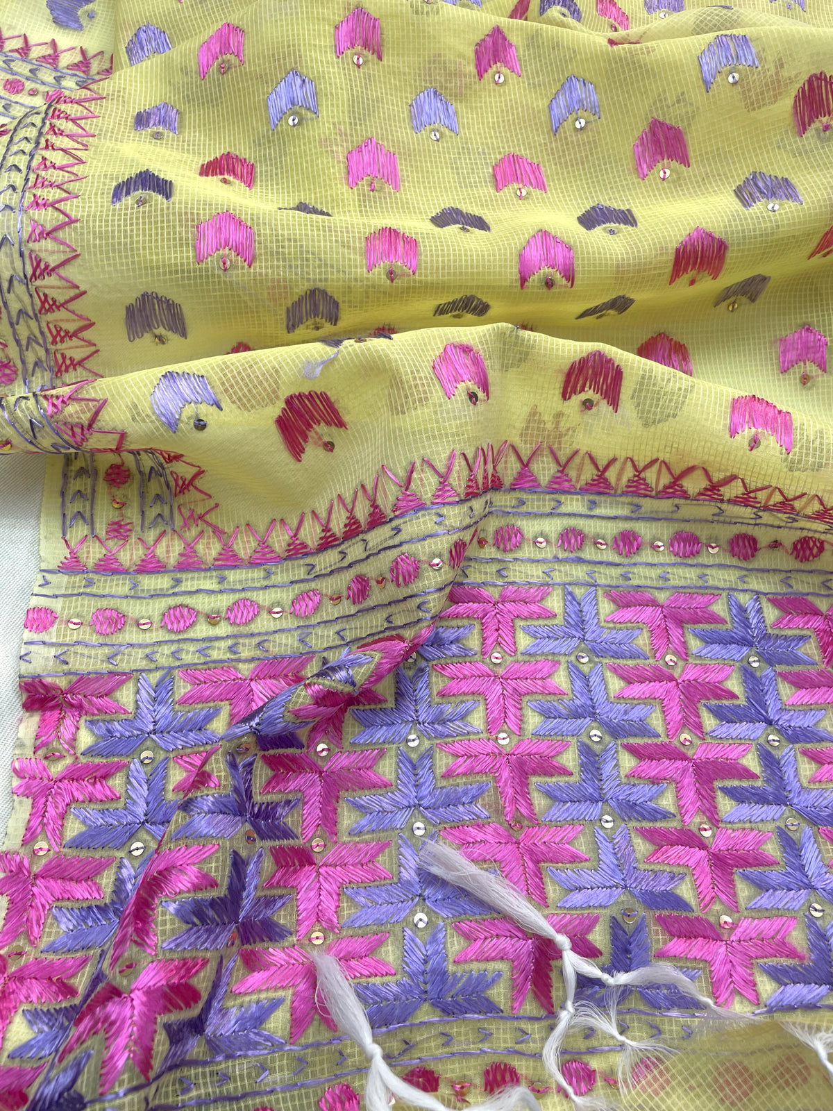 Hand embroidered lemon yellow Phulkari dupatta for women with traditional Punjabi threadwork by The Amritsar Store