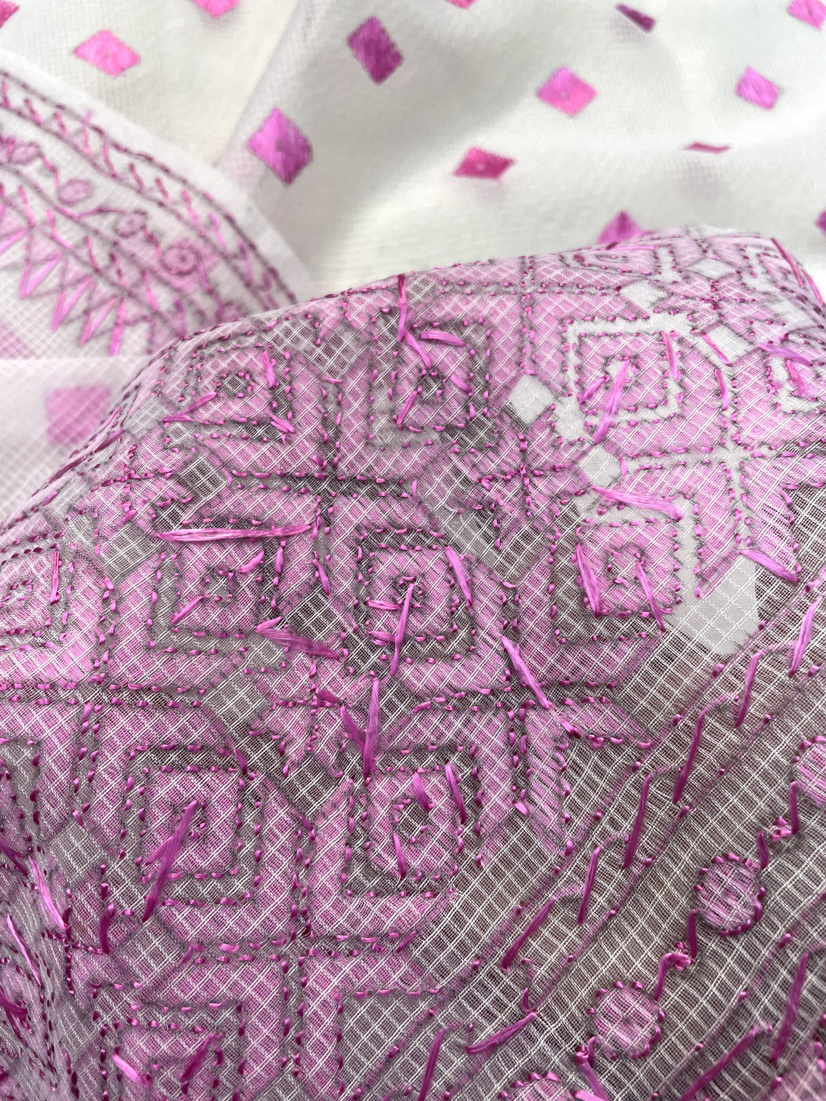 Hand embroidered Phulkari dupatta in off white with pink threadwork and traditional Punjabi design
