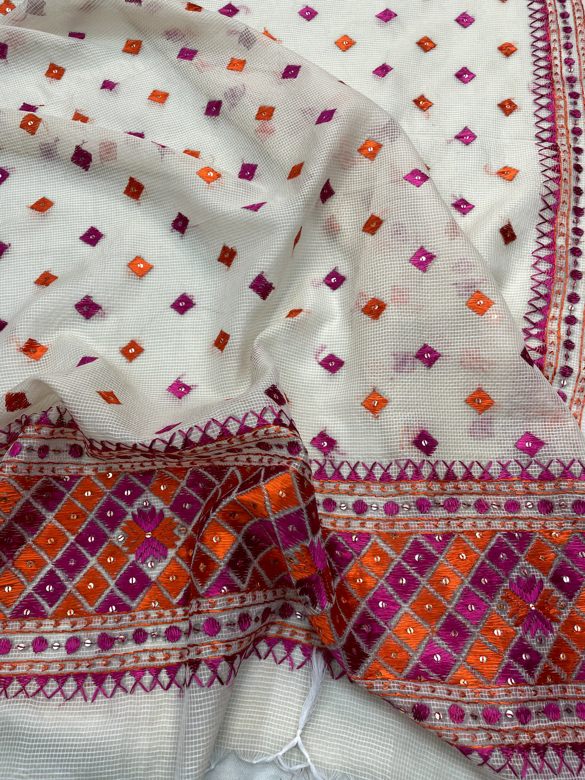 Hand embroidered Phulkari Dupatta with orange and pink thread work for women by