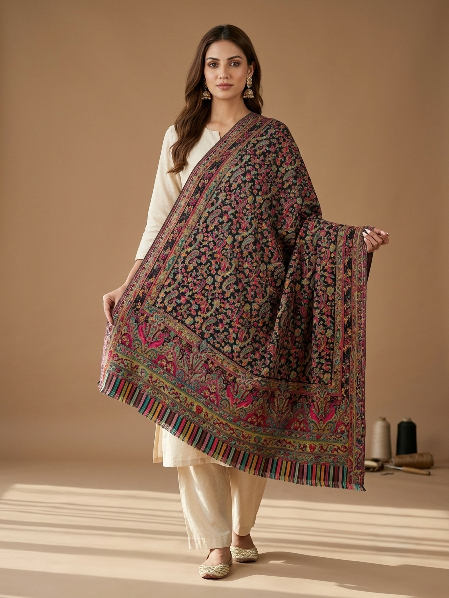 Women's black Kashmiri Kani shawl featuring elegant paisley and floral jaal motifs in a premium designer wrap with intricate traditional craftsmanship.