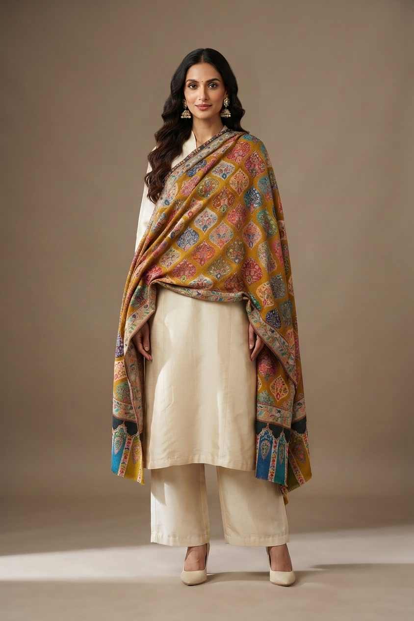 Women's extra fine wool Kalamkari shawl featuring a vibrant multicolor design with elegant traditional craftsmanship by The Amritsar Store.