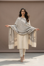Women's grey wool shawl featuring elegant Sozni embroidery with a self-weave design, handcrafted by The Amritsar Store.