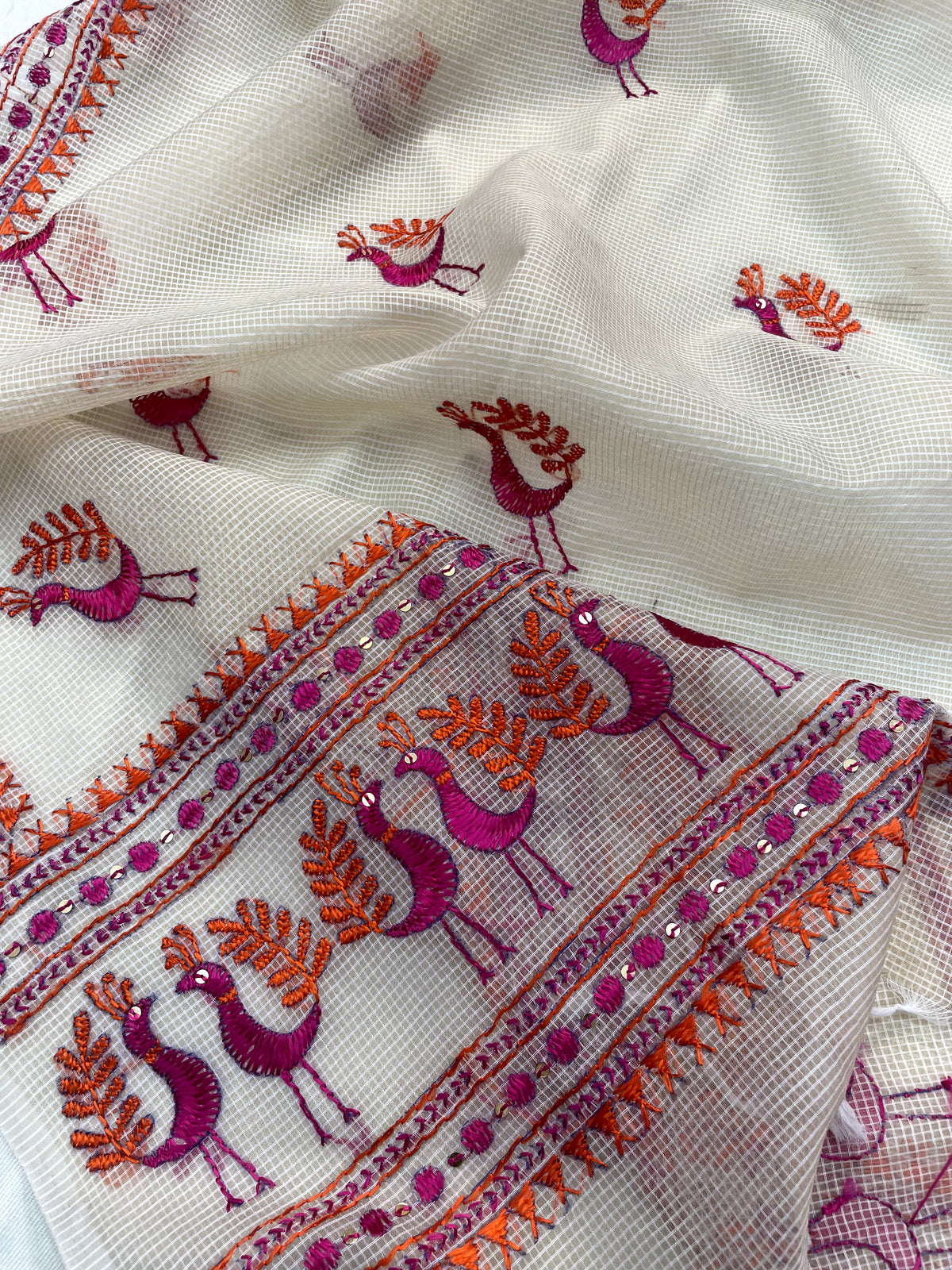 Off White Kota Doria Phulkari Dupatta for Women with Hand Embroidered Traditional Punjabi Floral Design