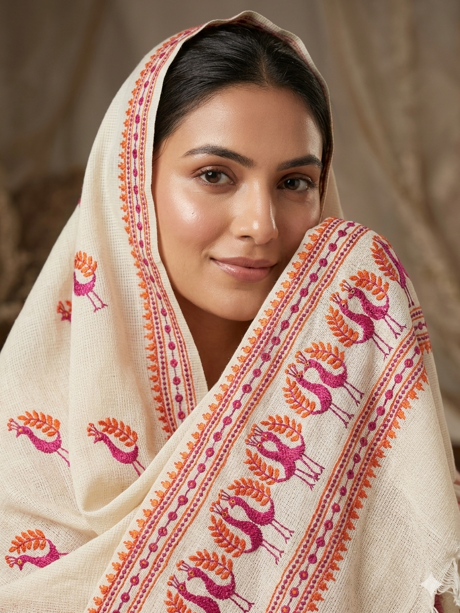 Off White Kota Doria Phulkari Dupatta for Women with Hand Embroidered Traditional Punjabi Floral Design