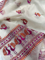 Off White Kota Doria Phulkari Dupatta for Women with Hand Embroidered Traditional Punjabi Floral Design