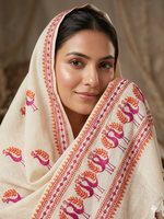 Off White Kota Doria Phulkari Dupatta for Women with Hand Embroidered Traditional Punjabi Floral Design