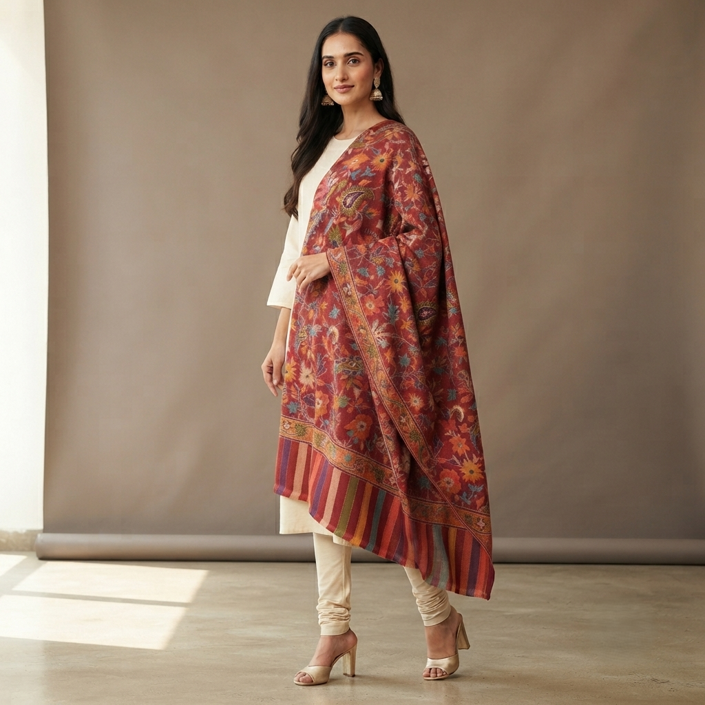 Women's handcrafted Kalamkari shawl featuring traditional artisan craftsmanship with elegant heritage-inspired detailing by The Amritsar Store.