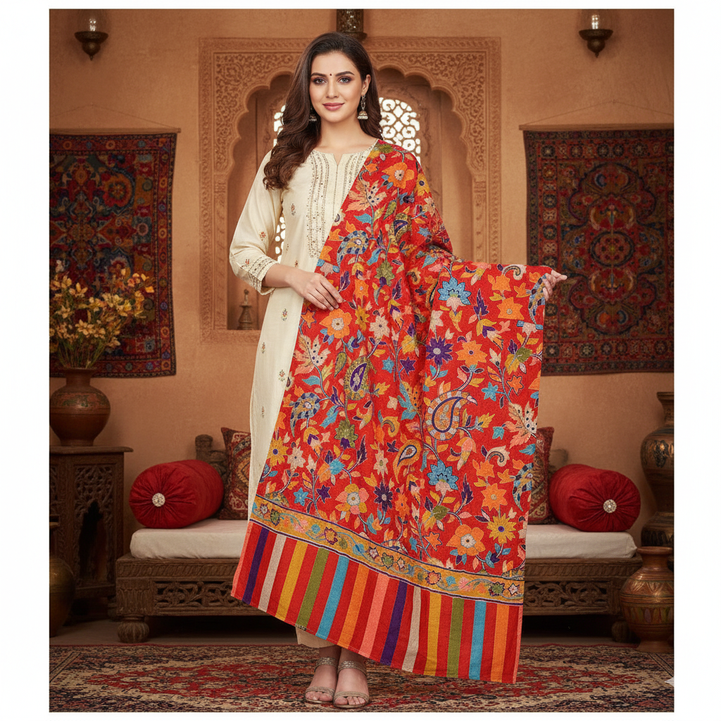 The Amritsar Store Women’s Kalamkari Shawl – Handcrafted traditional art shawl with detailed motifs, showcasing authentic craftsmanship and timeless elegance.