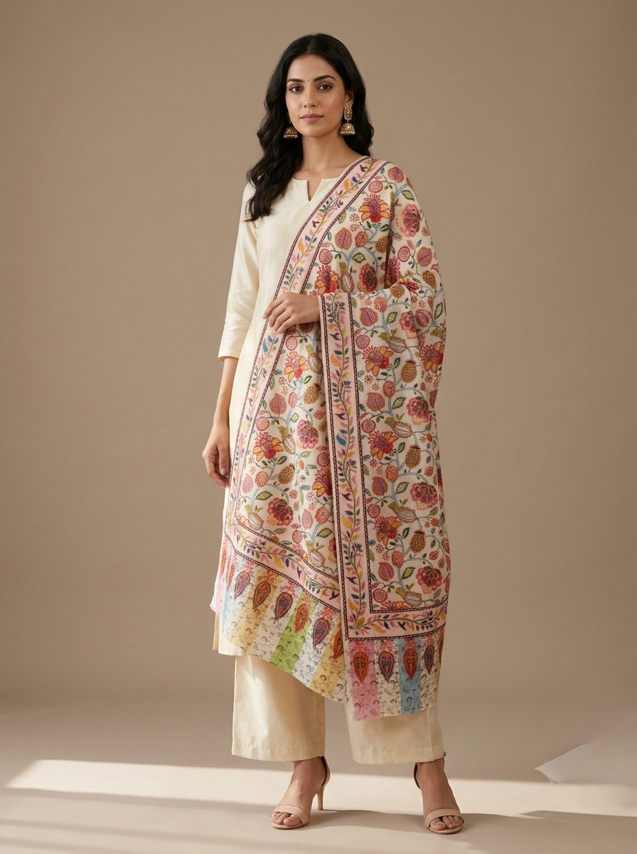 Women's multicolor Kalamkari stole featuring a pastel Paisley border with elegant traditional craftsmanship by The Amritsar Store.